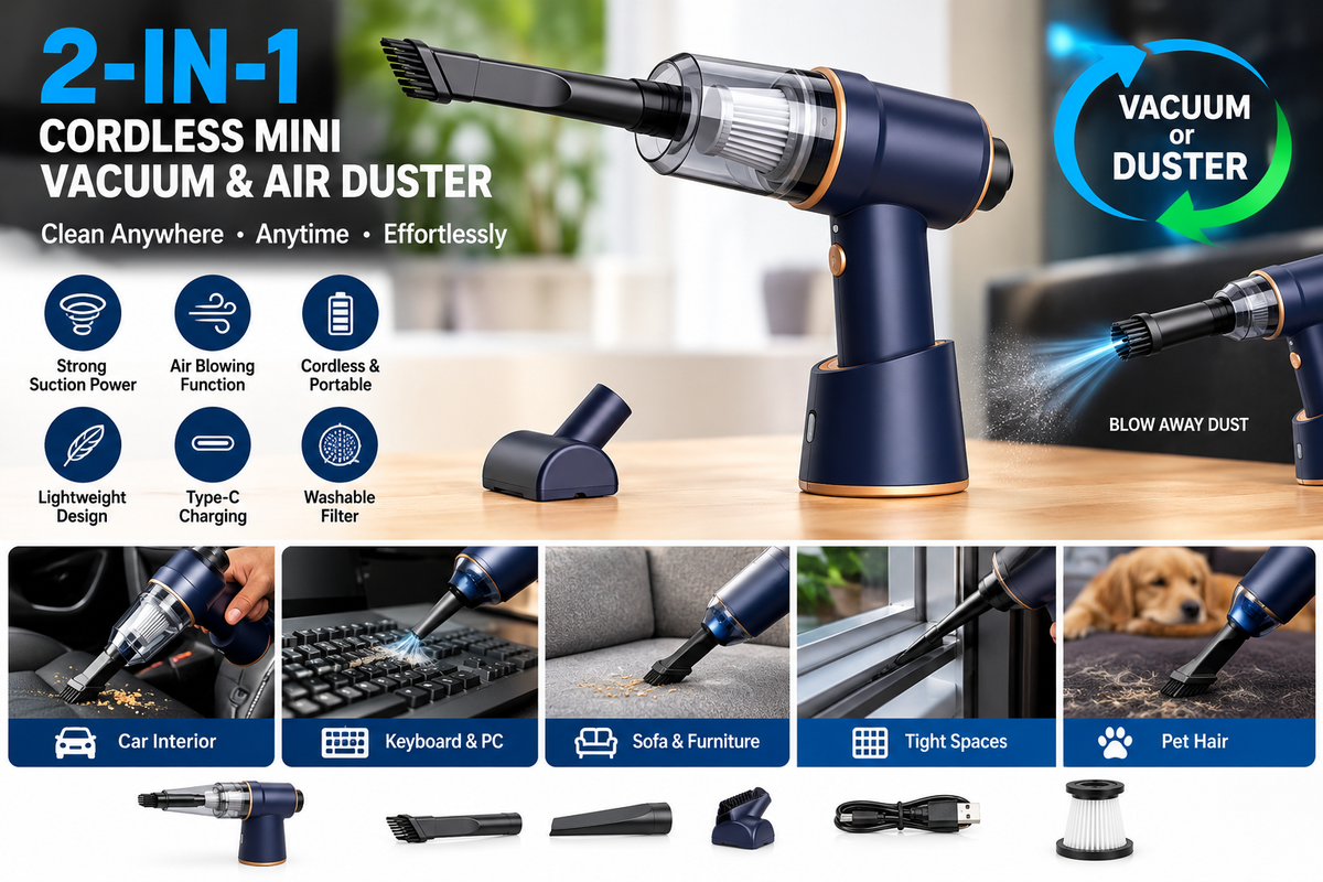 Powerful 2-in-1 Cordless Vacuum & Air Duster — effortlessly clean your car, home, keyboard, and every hard-to-reach corner.